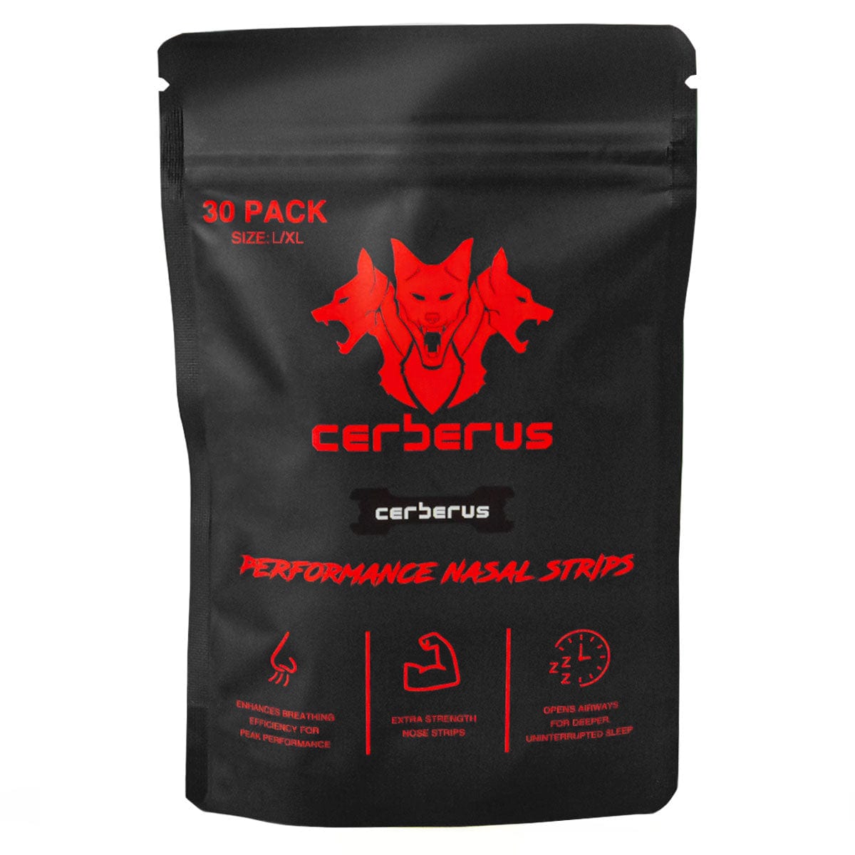 Black package of Cerberus Performance Nasal Strips with red text and logo on a white background