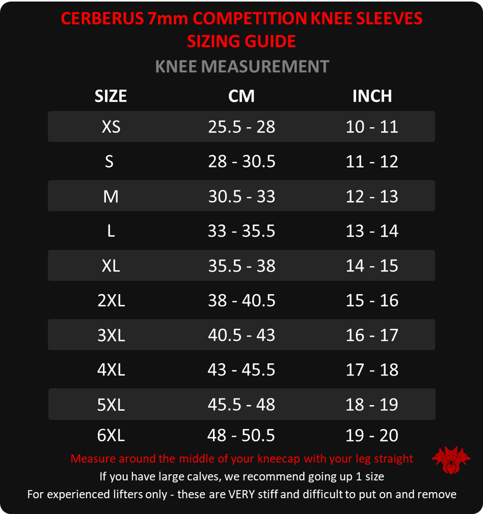 Competition knee sleeves sizing guide - Cerberus-strength